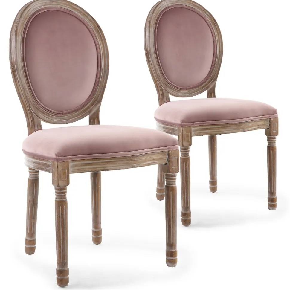 Lot de 2 chaises médaillon Louis XVI Bois massif patiné et Velours Rose poudré