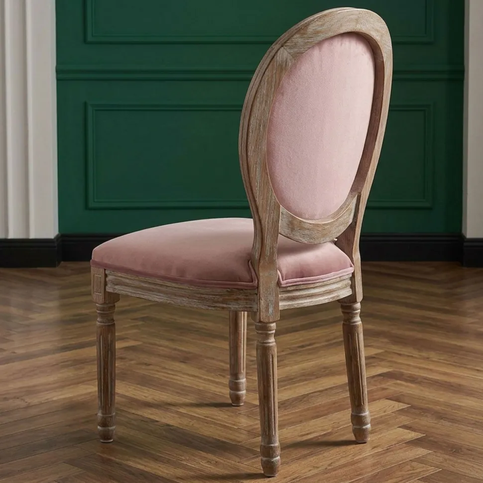 Lot de 2 chaises médaillon Louis XVI Bois massif patiné et Velours Rose poudré