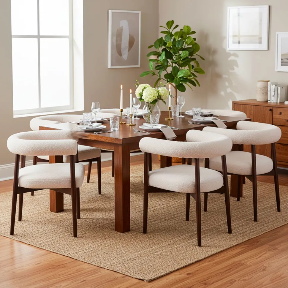 Lot de 6 chaises style scandinave chic Bringo Bois foncé et Tissu bouclette Beige