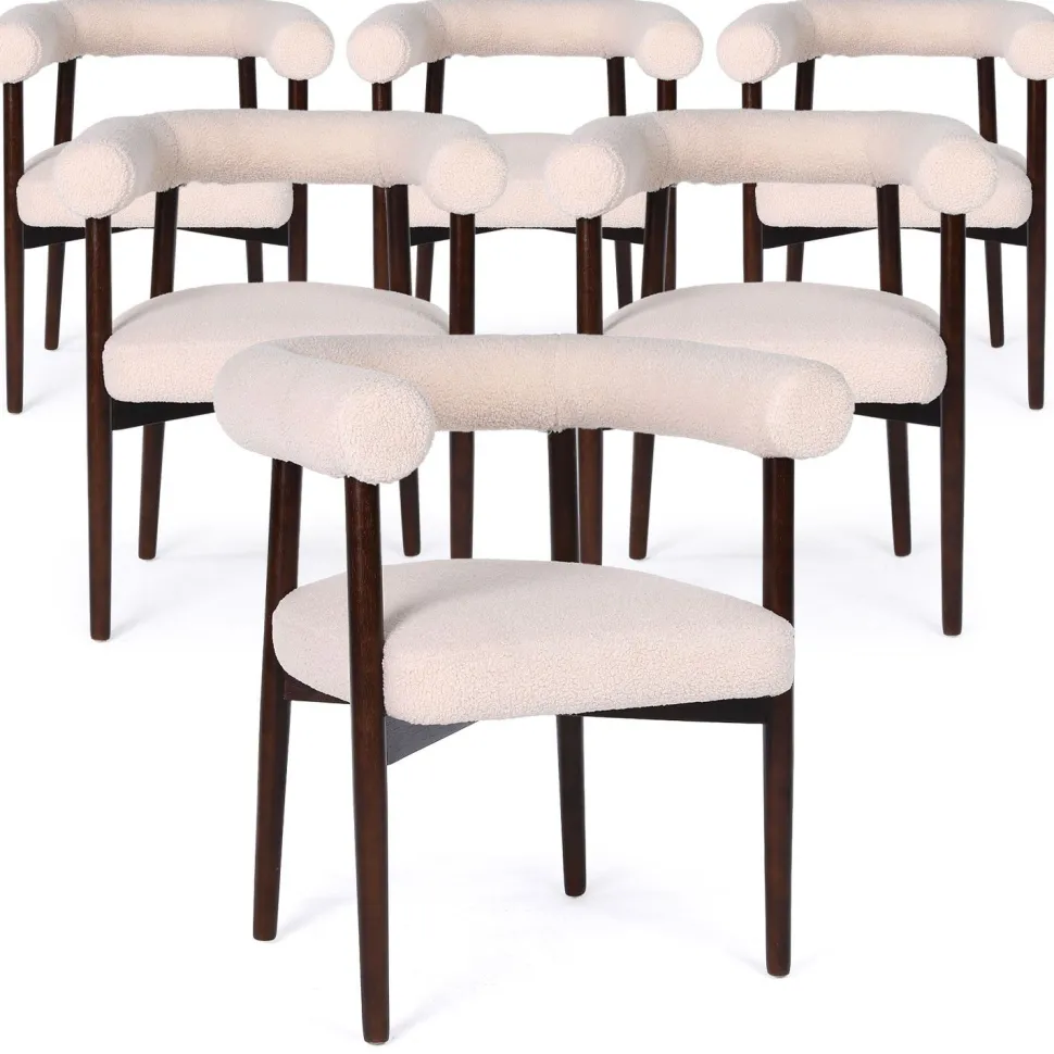 Lot de 6 chaises style scandinave chic Bringo Bois foncé et Tissu bouclette Beige