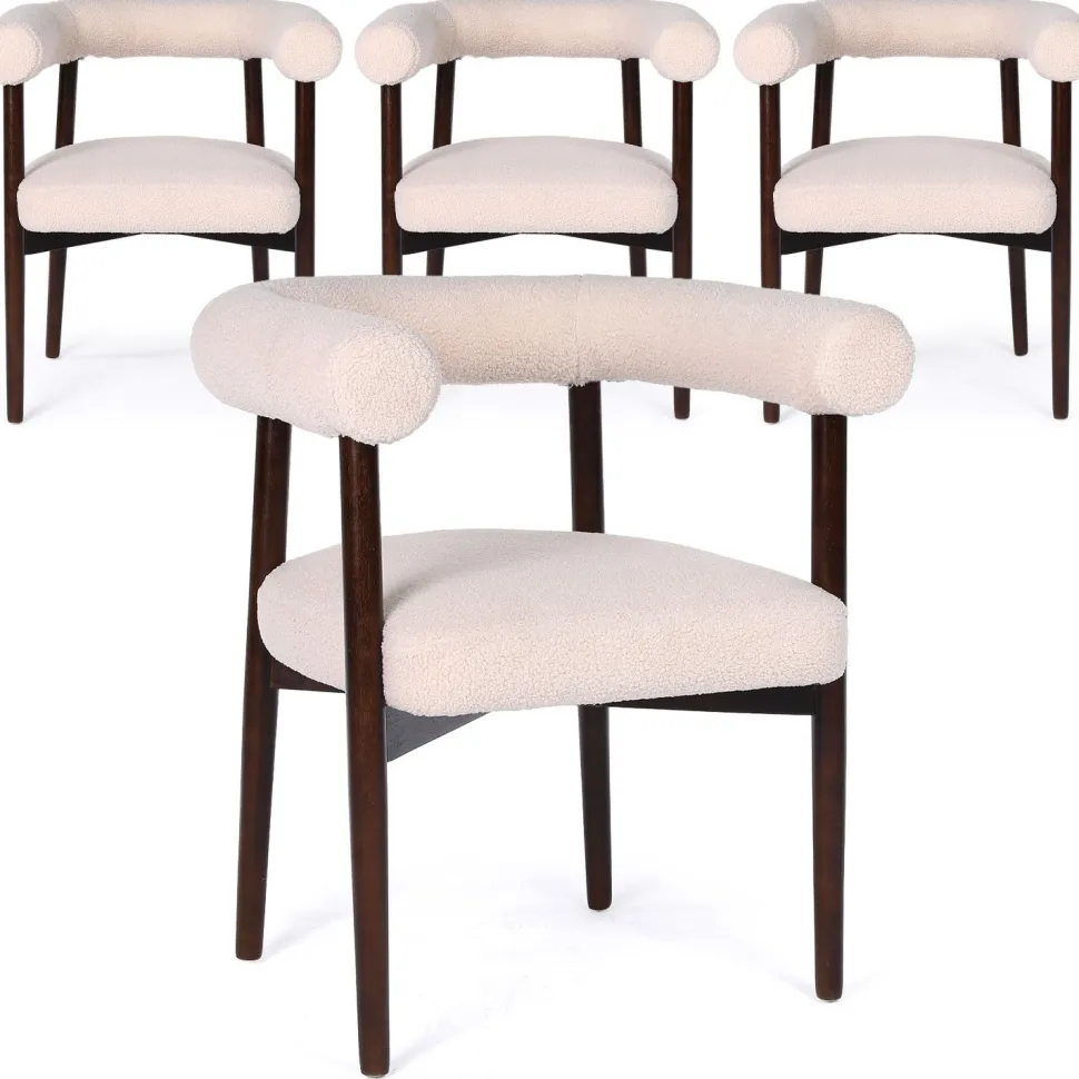 Lot de 4 chaises style scandinave chic Bringo Bois foncé et Tissu bouclette Beige
