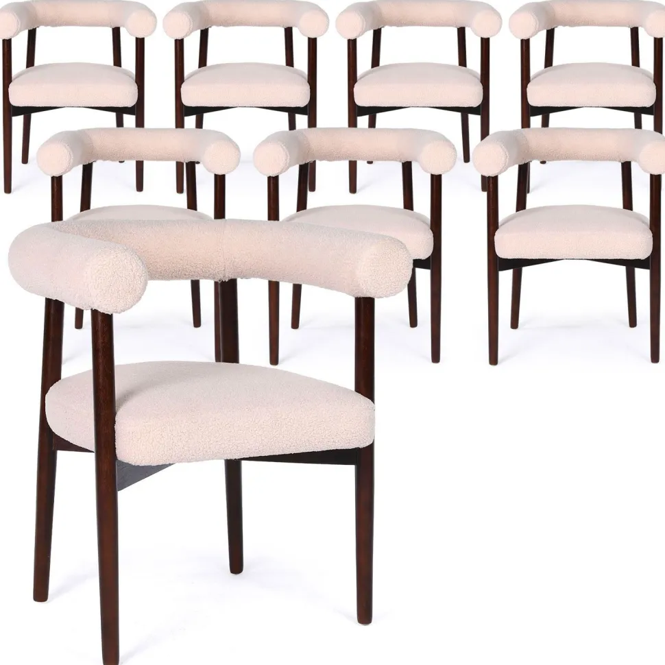 Lot de 8 chaises style scandinave chic Bringo Bois foncé et Tissu bouclette Beige