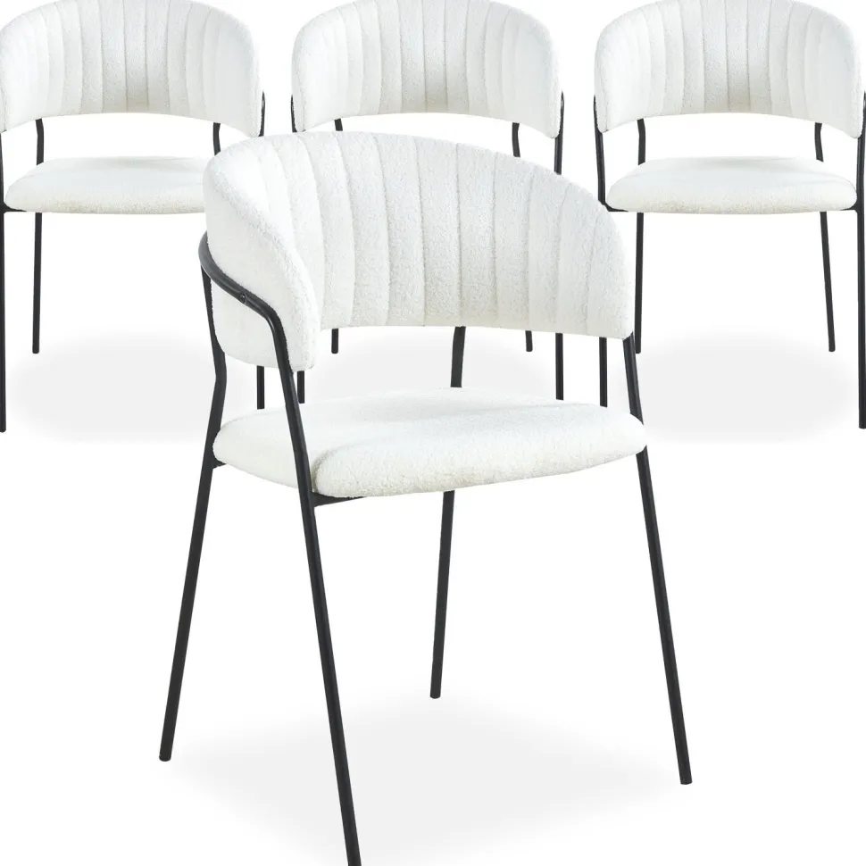 Lot de 4 chaises Tabata Métal Noir et Tissu bouclette Crème