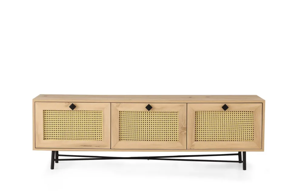 Meuble TV 3 portes en cannage Smussi 180cm Bois clair