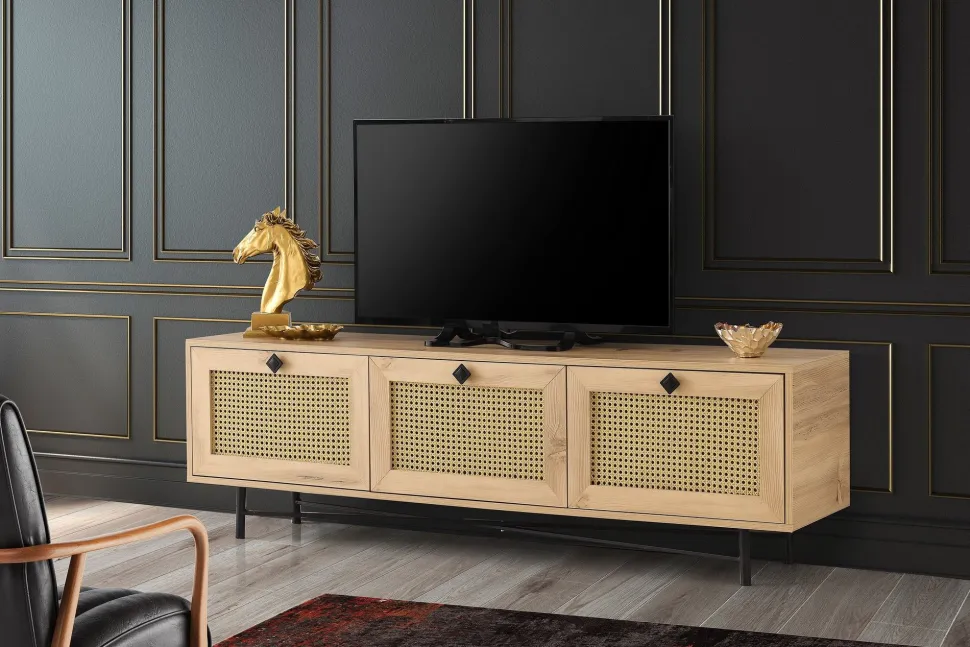 Meuble TV 3 portes en cannage Smussi 180cm Bois clair