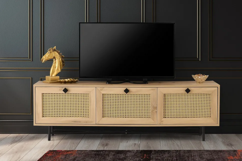 Meuble TV 3 portes en cannage Smussi 180cm Bois clair