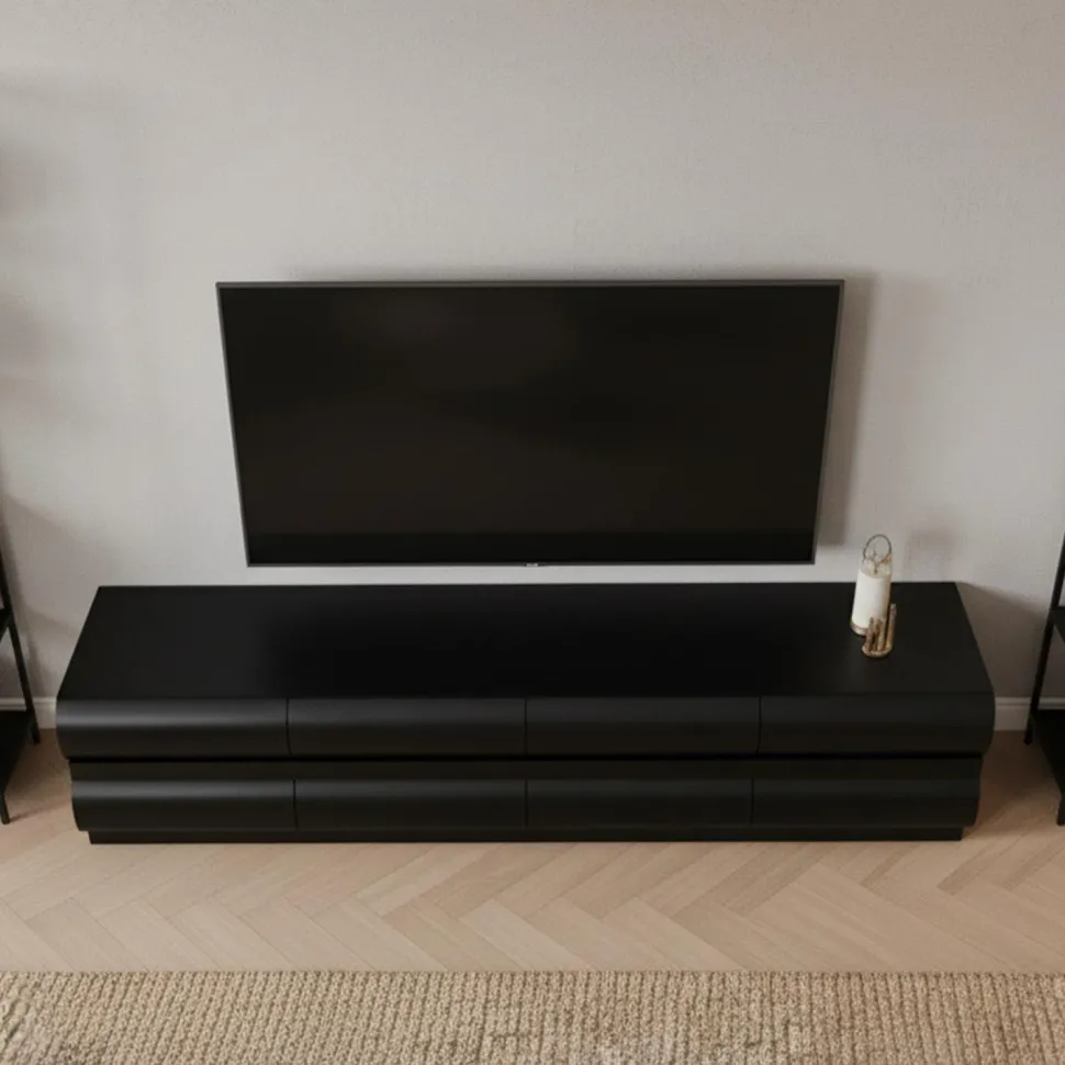Meuble tv 8 tiroirs arrondis Mezade Bois Noir
