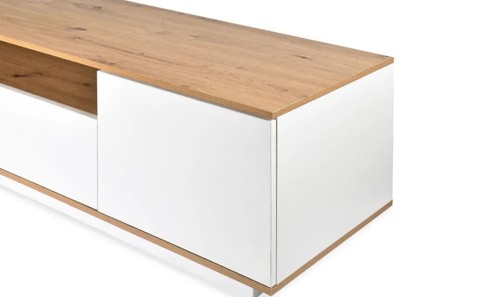Meuble TV au design linéaire Iliade L180cm Bois clair et Blanc