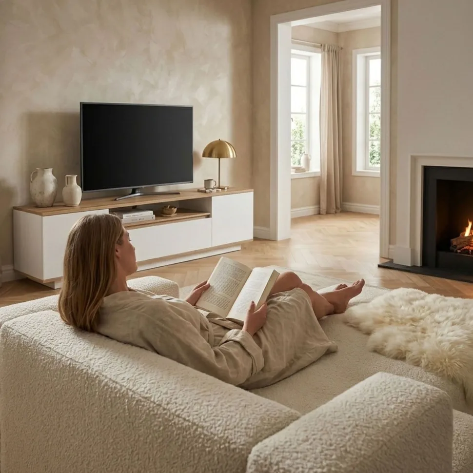 Meuble TV au design linéaire Iliade L180cm Bois clair et Blanc