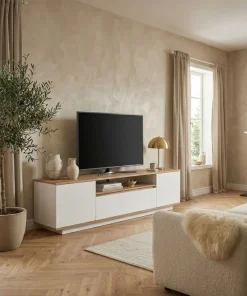 Meuble TV au design linéaire Iliade L180cm Bois clair et Blanc