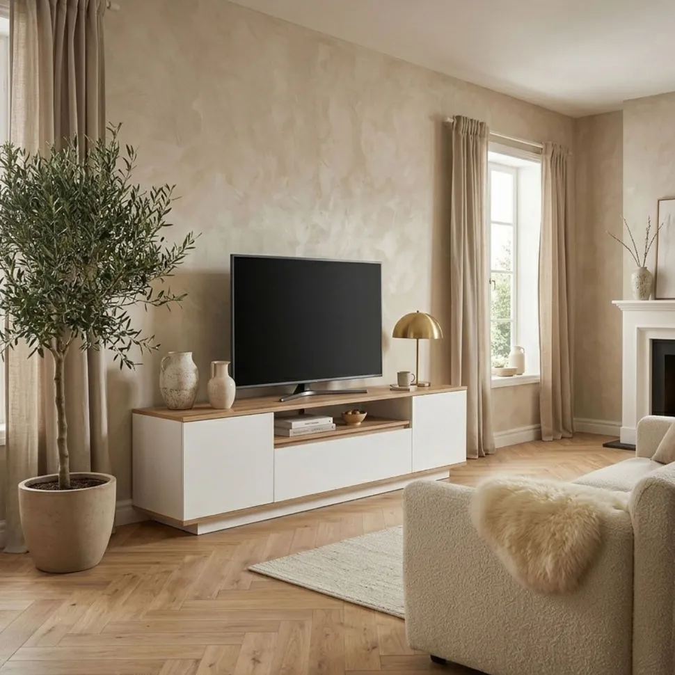 Meuble TV au design linéaire Iliade L180cm Bois clair et Blanc