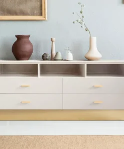 Meuble TV moderne 4 tiroirs Nestor Taupe clair et Or