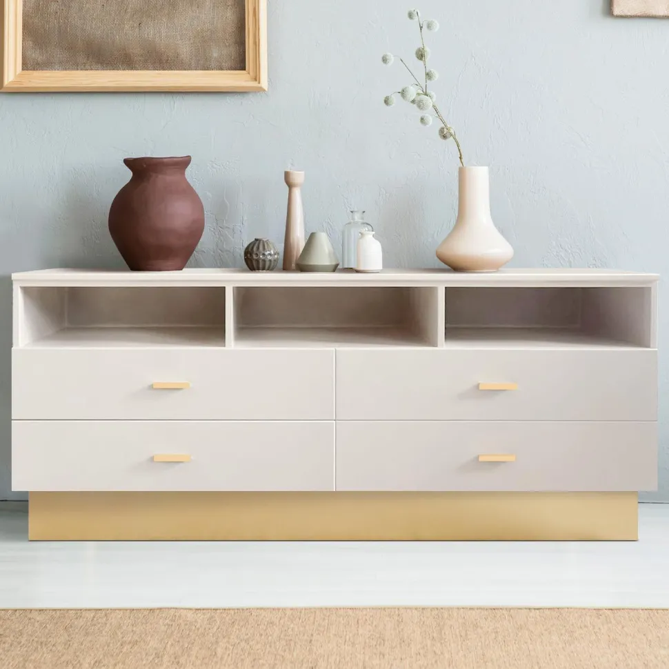 Meuble TV moderne 4 tiroirs Nestor Taupe clair et Or