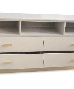 Meuble TV moderne 4 tiroirs Nestor Taupe clair et Or