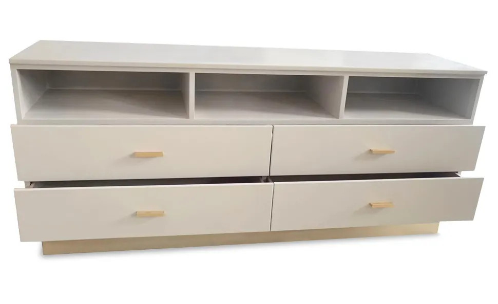 Meuble TV moderne 4 tiroirs Nestor Taupe clair et Or