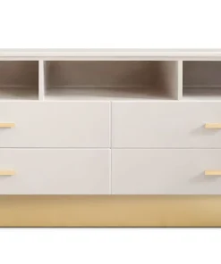Meuble TV moderne 4 tiroirs Nestor Taupe clair et Or