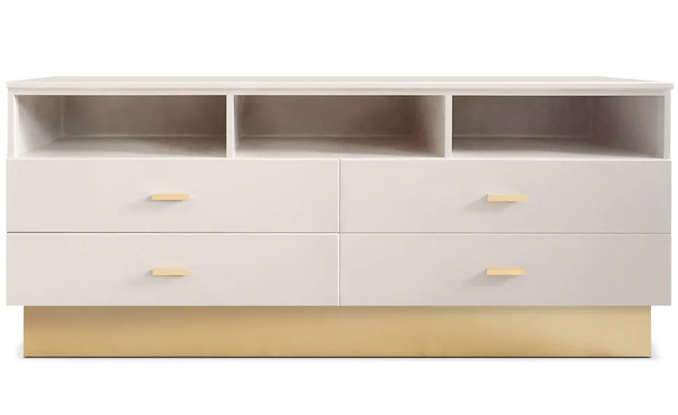 Meuble TV moderne 4 tiroirs Nestor Taupe clair et Or