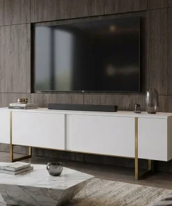 Meuble TV moderne avec 2 portes Valmain L180cm Blanc et Métal Or