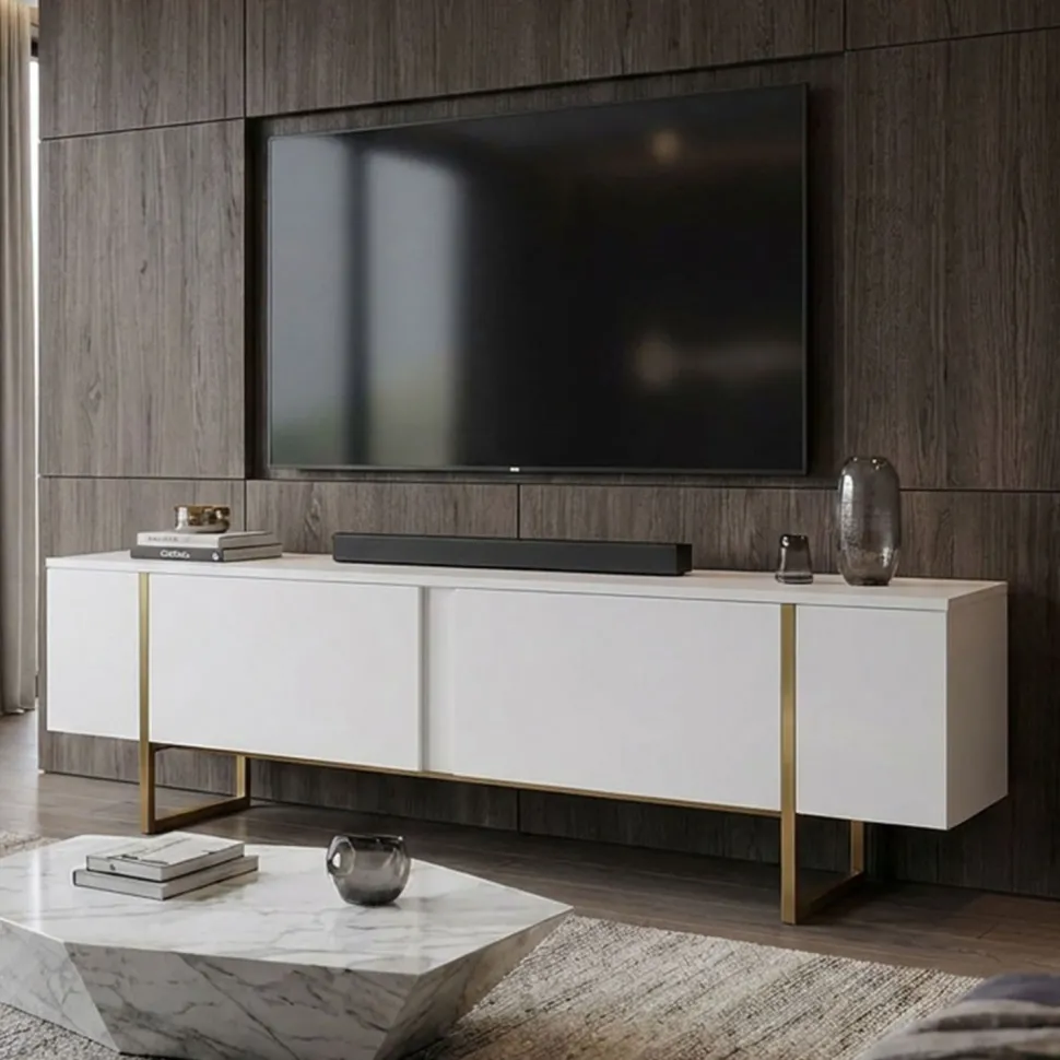Meuble TV moderne avec 2 portes Valmain L180cm Blanc et Métal Or