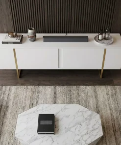 Meuble TV moderne avec 2 portes Valmain L180cm Blanc et Métal Or