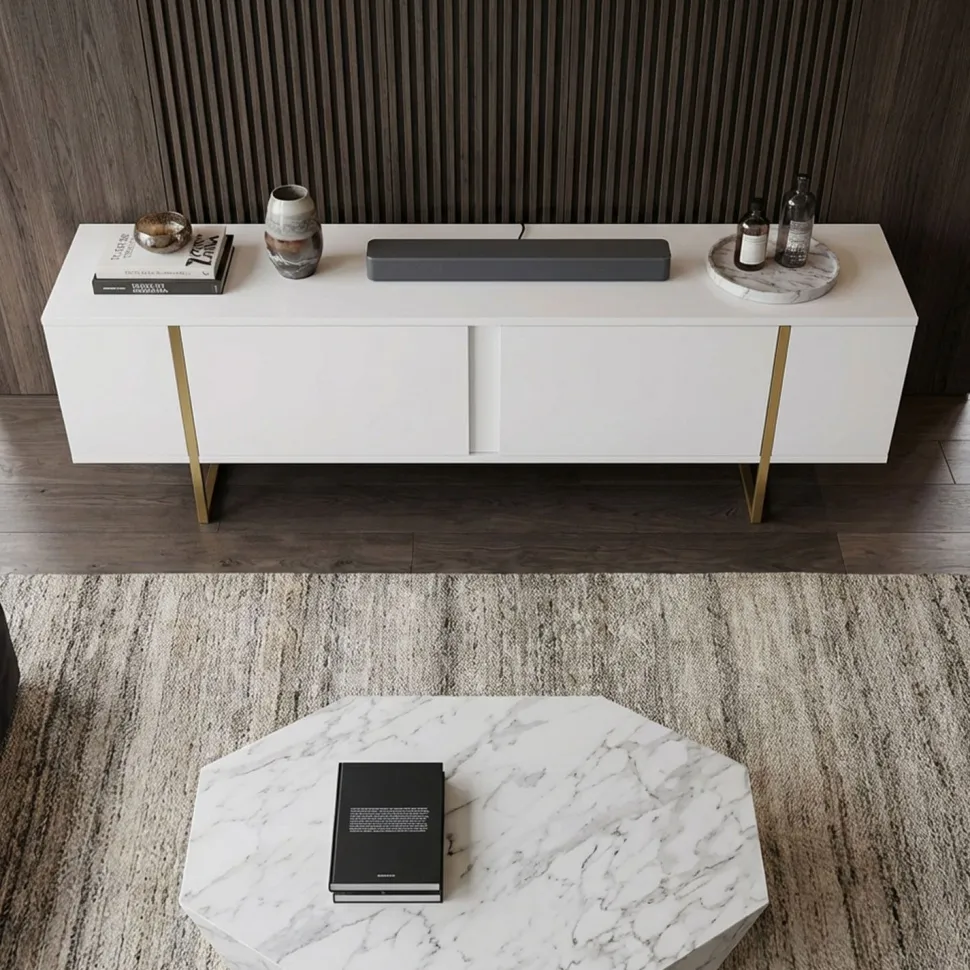 Meuble TV moderne avec 2 portes Valmain L180cm Blanc et Métal Or