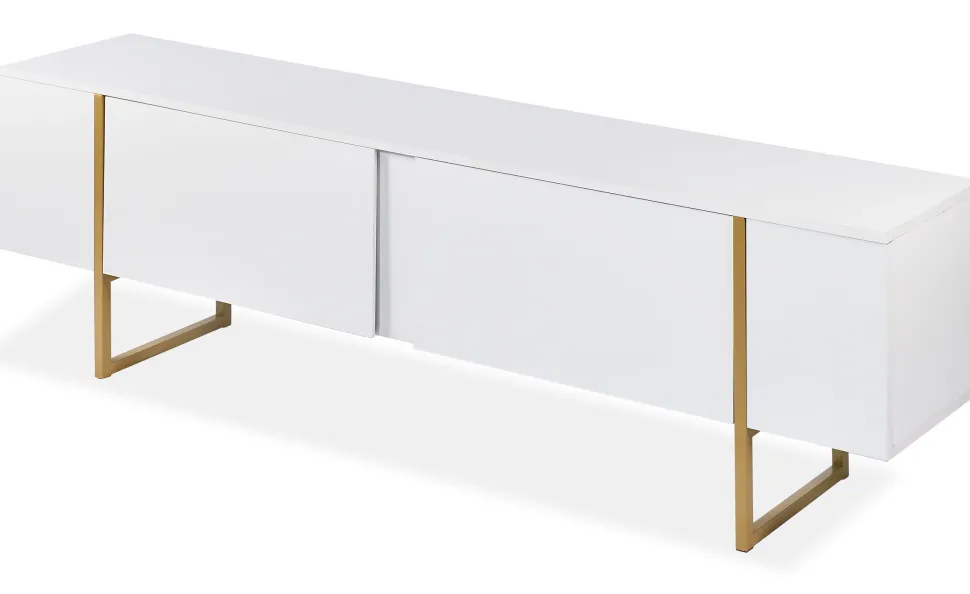 Meuble TV moderne avec 2 portes Valmain L180cm Blanc et Métal Or