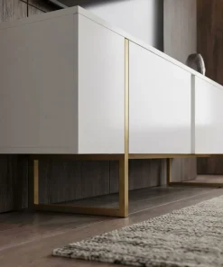Meuble TV moderne avec 2 portes Valmain L180cm Blanc et Métal Or