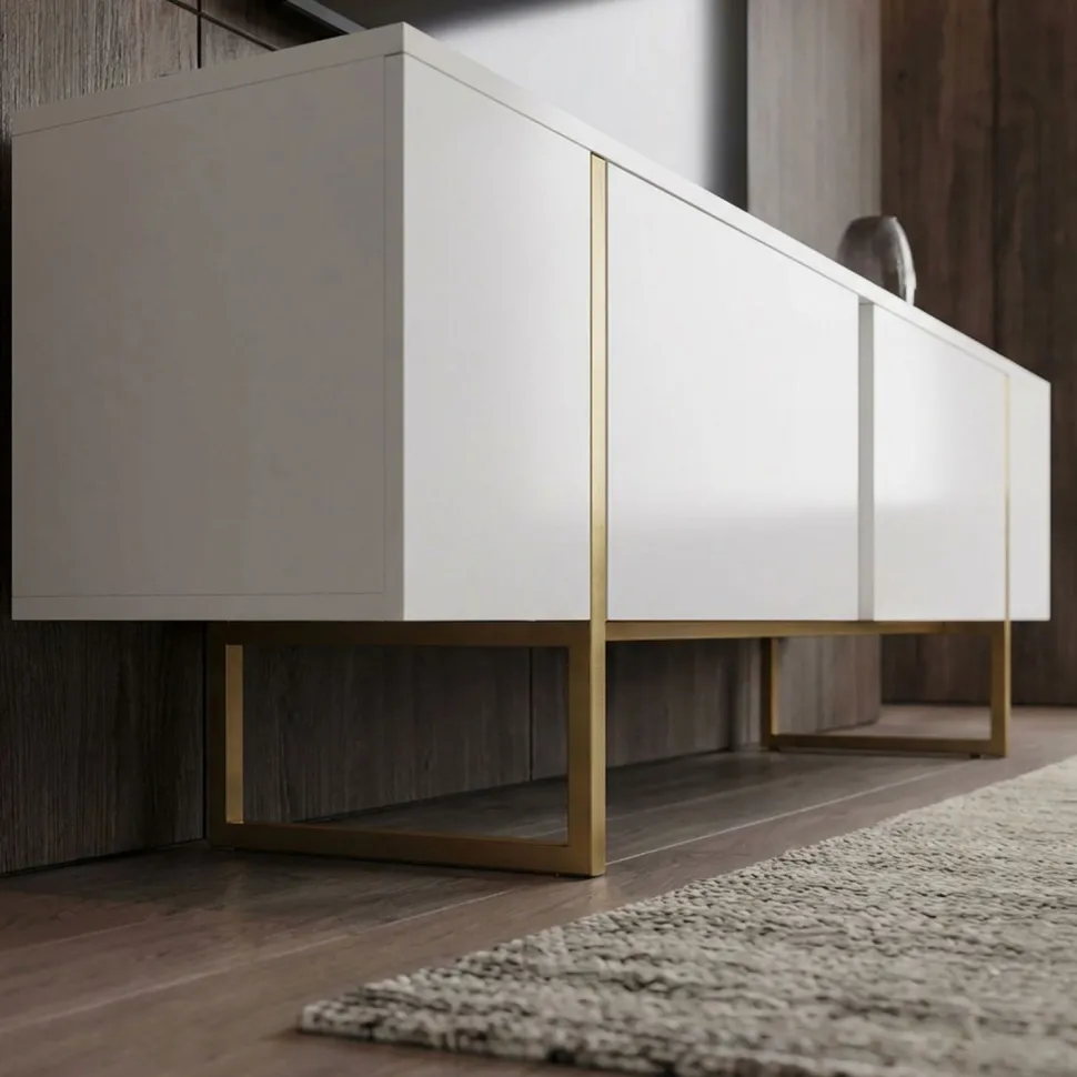 Meuble TV moderne avec 2 portes Valmain L180cm Blanc et Métal Or