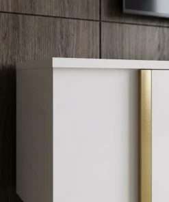 Meuble TV moderne avec 2 portes Valmain L180cm Blanc et Métal Or