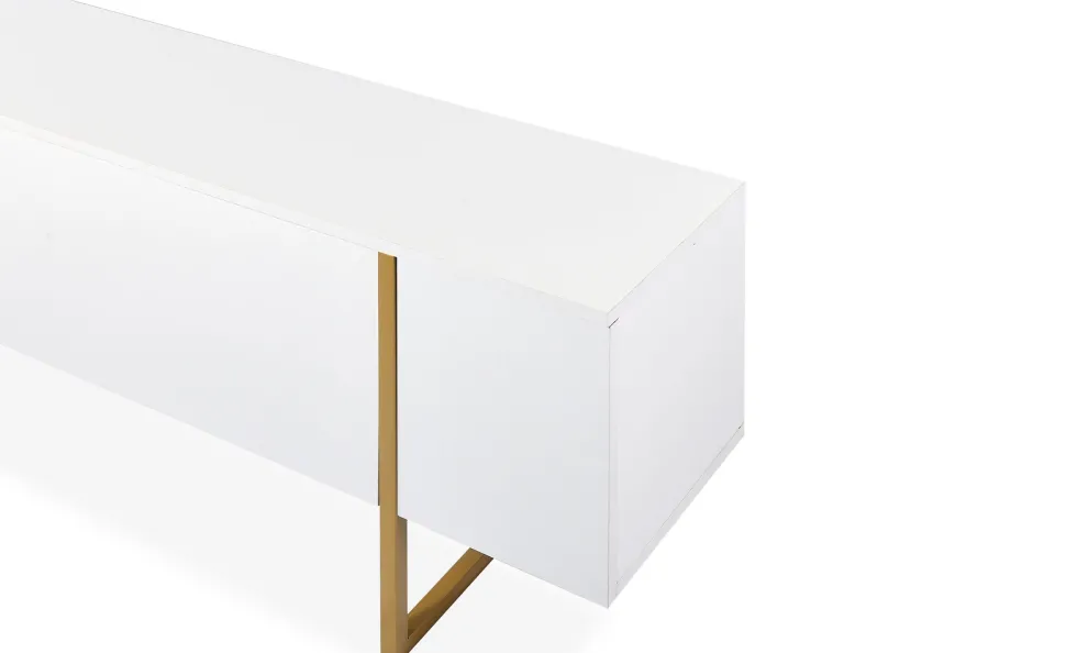Meuble TV moderne avec 2 portes Valmain L180cm Blanc et Métal Or