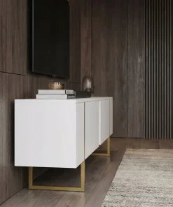 Meuble TV moderne avec 2 portes Valmain L180cm Blanc et Métal Or