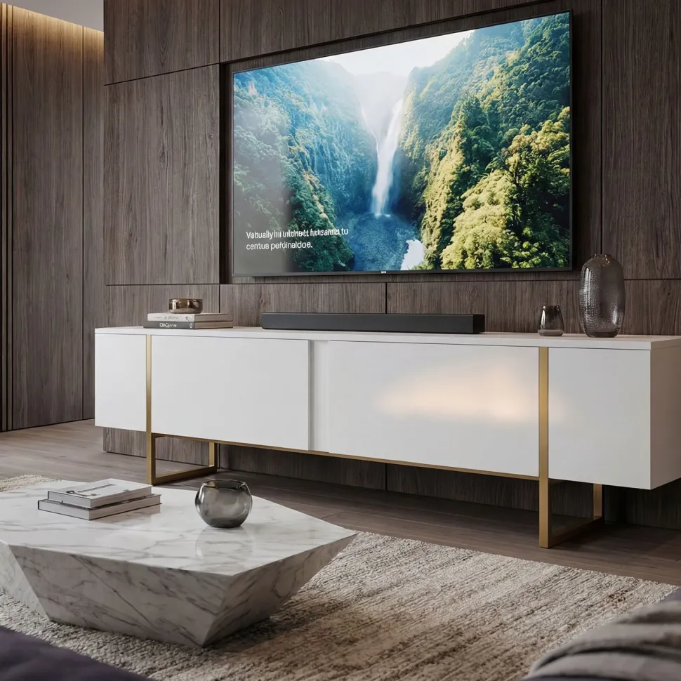 Meuble TV moderne avec 2 portes Valmain L180cm Blanc et Métal Or