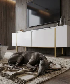 Meuble TV moderne avec 2 portes Valmain L180cm Blanc et Métal Or