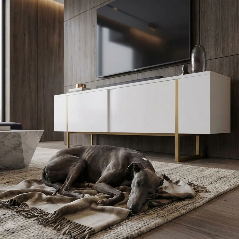 Meuble TV moderne avec 2 portes Valmain L180cm Blanc et Métal Or