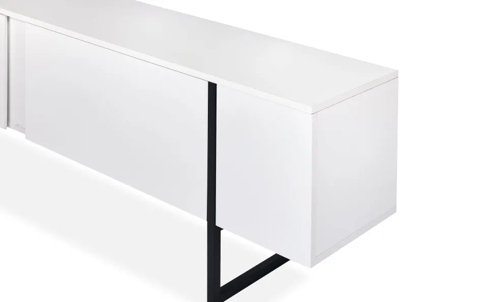 Meuble TV moderne avec 2 portes Valmain L180cm Blanc et Métal Noir
