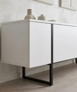 Meuble TV moderne avec 2 portes Valmain L180cm Blanc et Métal Noir