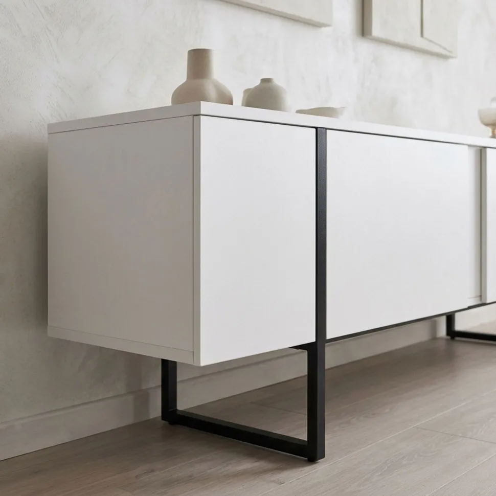 Meuble TV moderne avec 2 portes Valmain L180cm Blanc et Métal Noir
