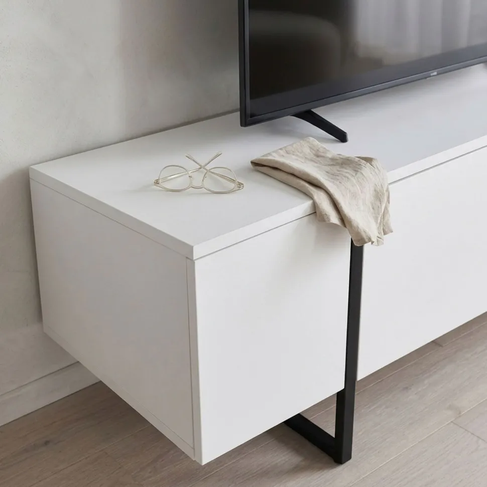 Meuble TV moderne avec 2 portes Valmain L180cm Blanc et Métal Noir