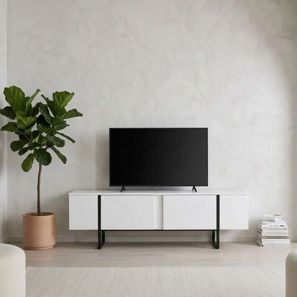 Meuble TV moderne avec 2 portes Valmain L180cm Blanc et Métal Noir