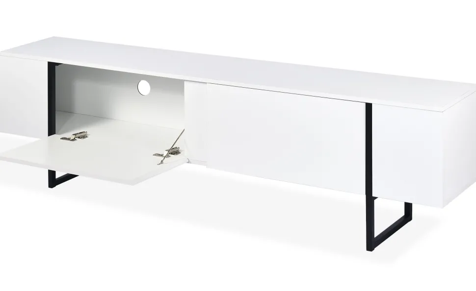 Meuble TV moderne avec 2 portes Valmain L180cm Blanc et Métal Noir