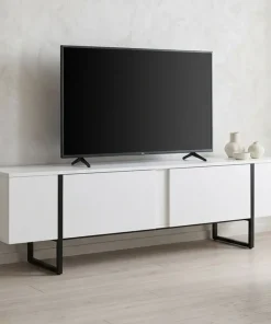 Meuble TV moderne avec 2 portes Valmain L180cm Blanc et Métal Noir