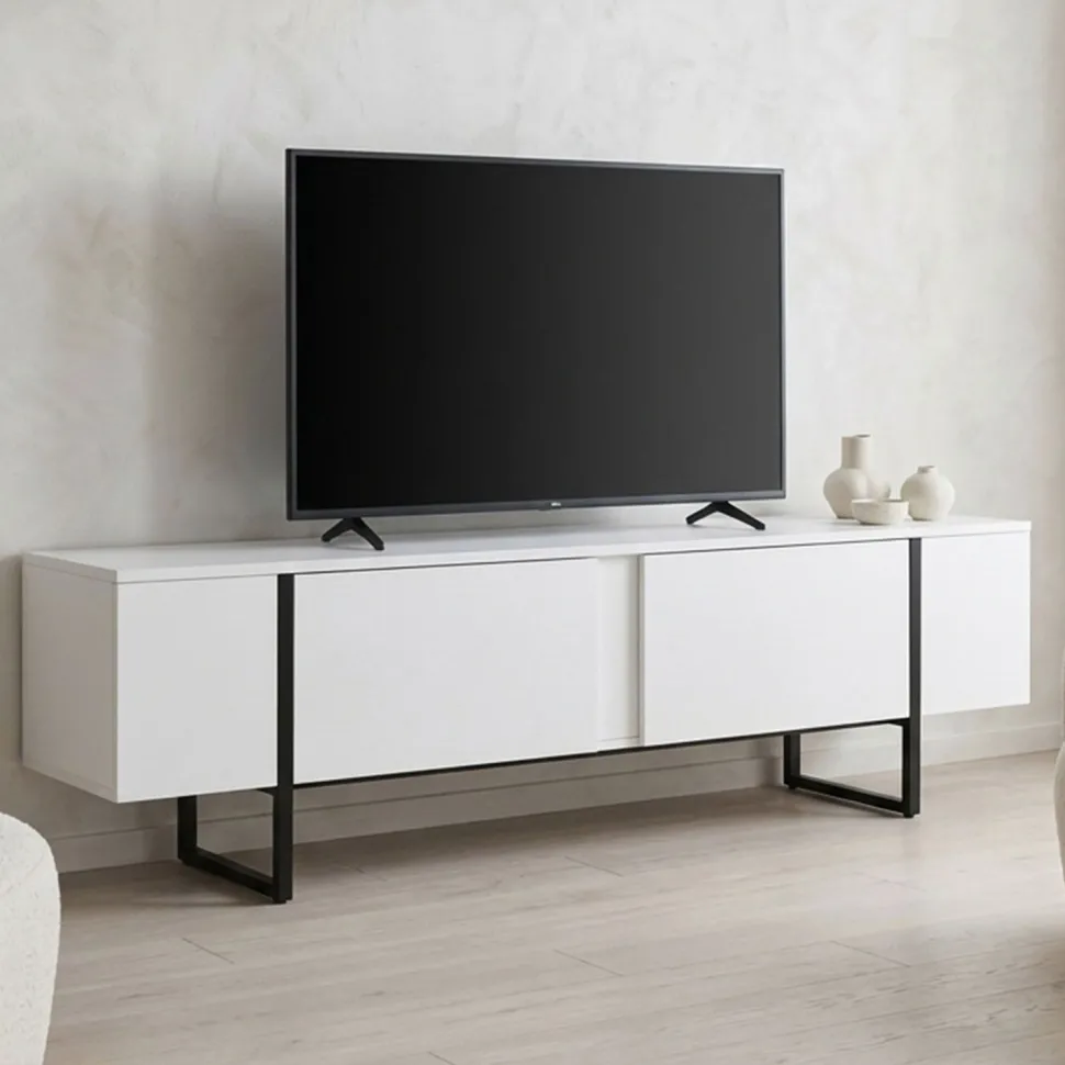 Meuble TV moderne avec 2 portes Valmain L180cm Blanc et Métal Noir