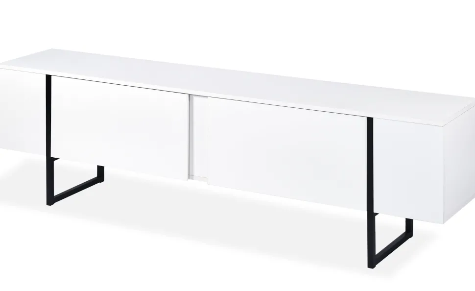 Meuble TV moderne avec 2 portes Valmain L180cm Blanc et Métal Noir