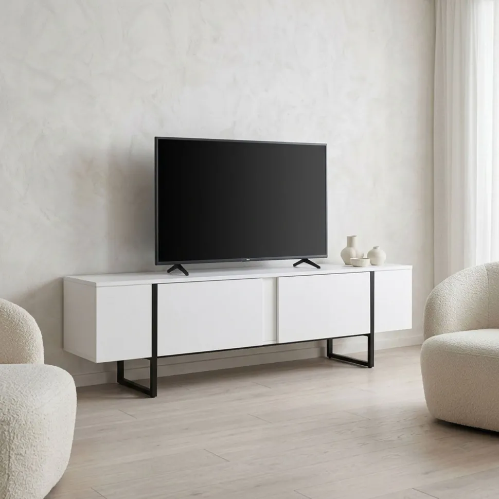 Meuble TV moderne avec 2 portes Valmain L180cm Blanc et Métal Noir