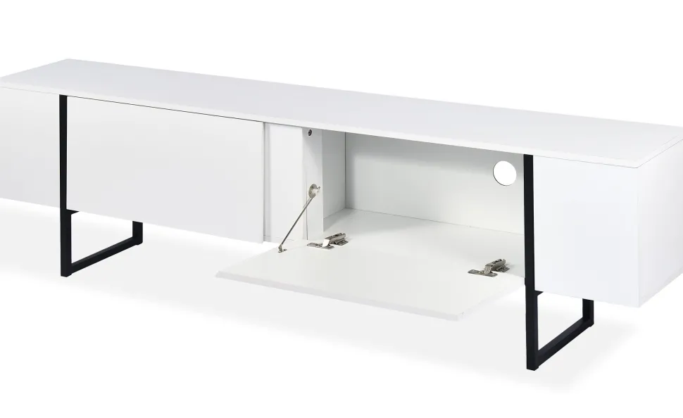 Meuble TV moderne avec 2 portes Valmain L180cm Blanc et Métal Noir