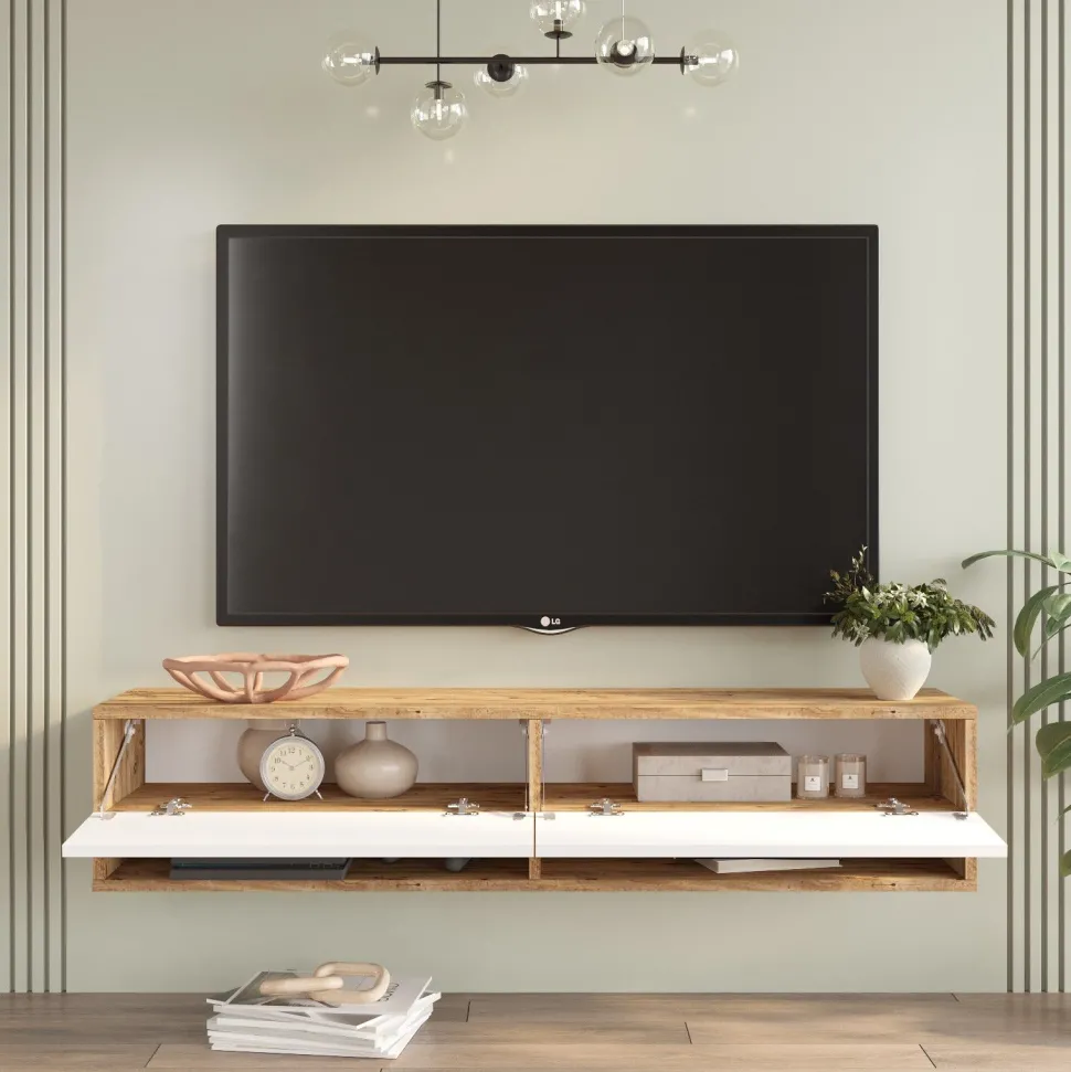 Meuble TV mural, 2 portes basculantes Pino L140cm Bois clair et Blanc