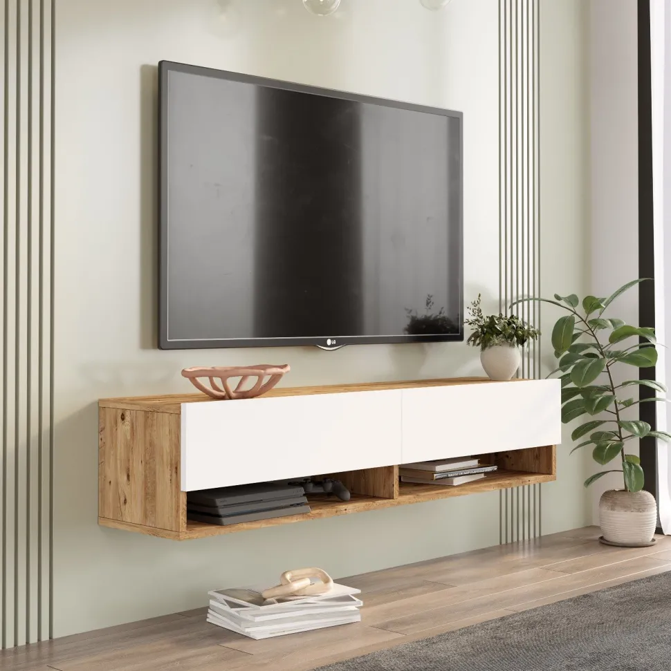 Meuble TV mural, 2 portes basculantes Pino L140cm Bois clair et Blanc