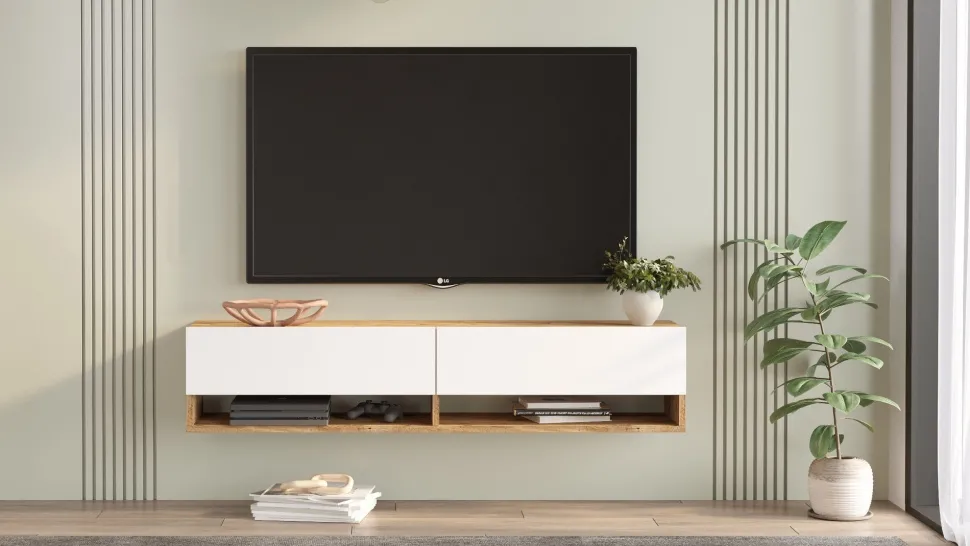 Meuble TV mural, 2 portes basculantes Pino L140cm Bois clair et Blanc