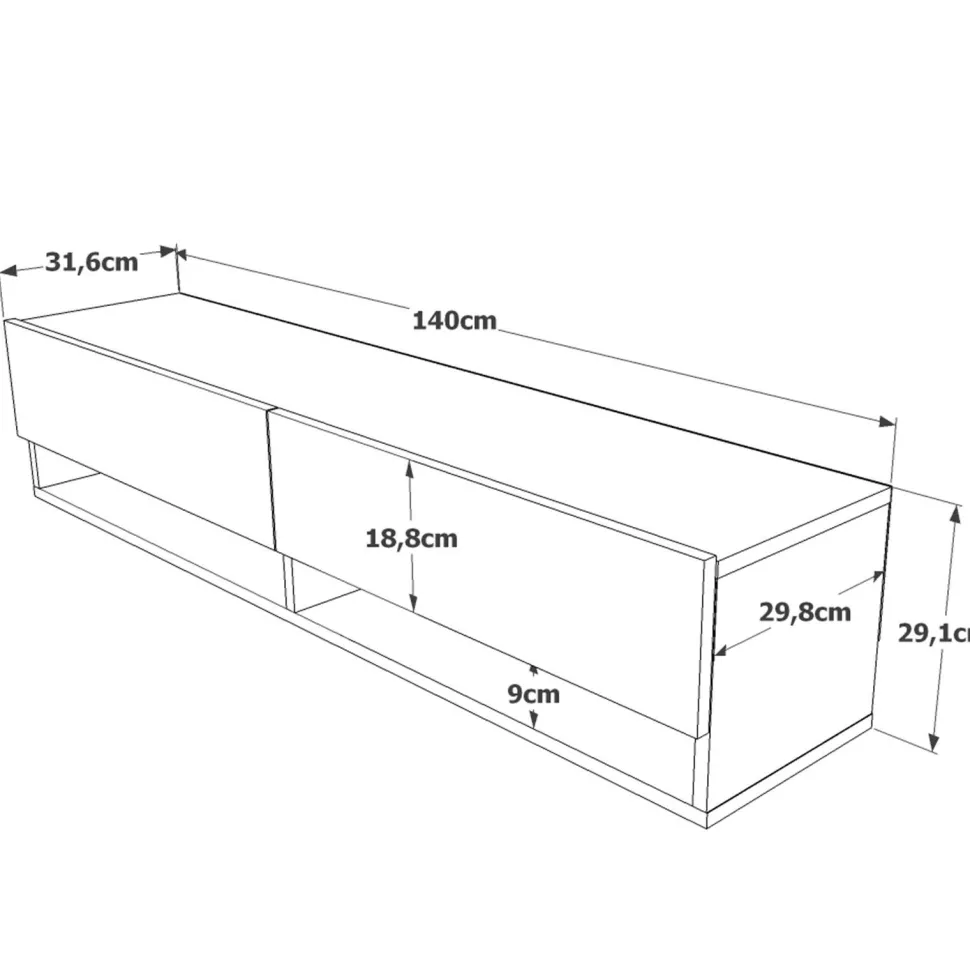Meuble TV mural, 2 portes basculantes Pino L140cm Bois clair et Blanc
