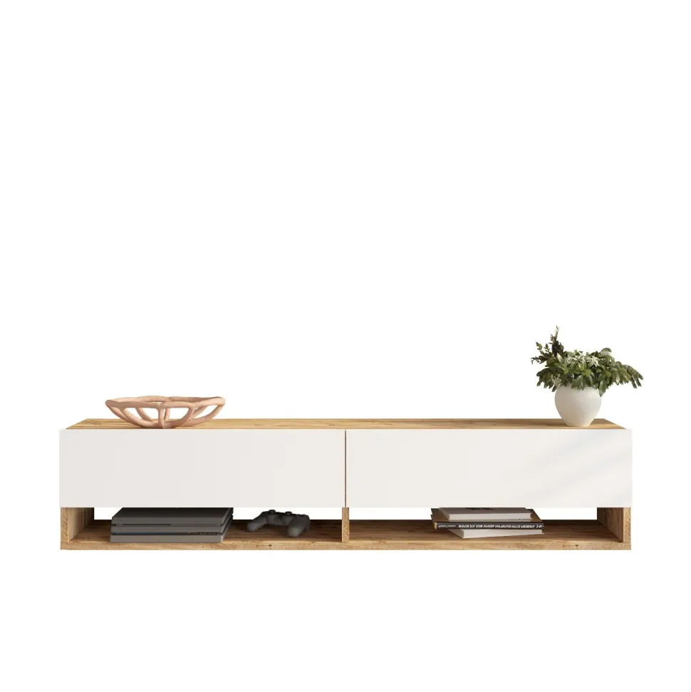 Meuble TV mural, 2 portes basculantes Pino L140cm Bois clair et Blanc